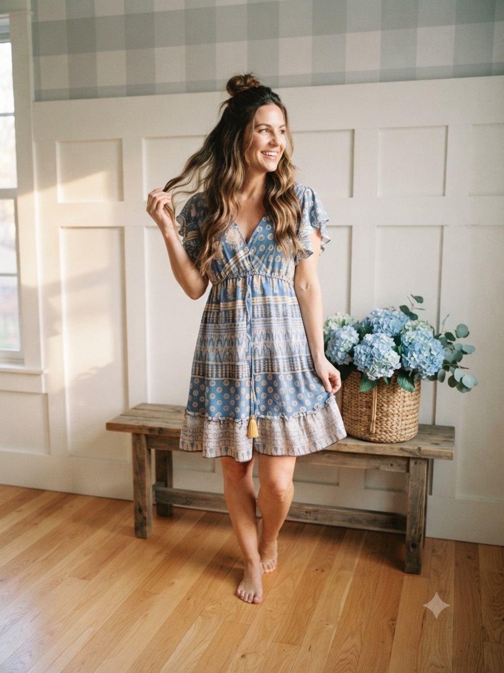 Boho Blue Printed V-Neck Mini Dress with Tassel Detail Small